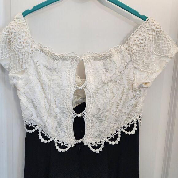 Jessica McClintock Gown Black Cream Empire Lace Cut Out Formal Prom Long 12 Vtg - Picture 7 of 16